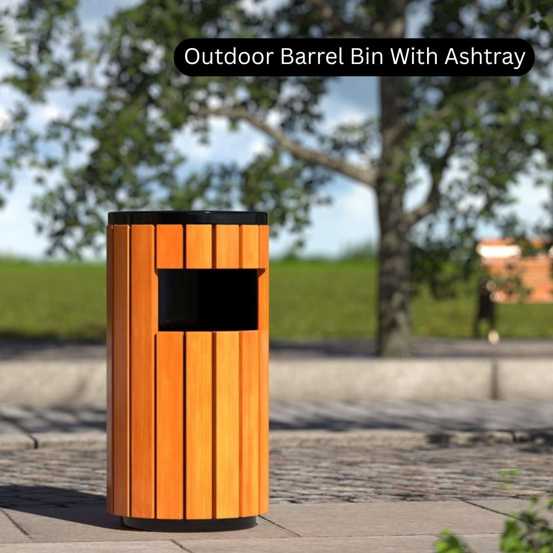 Outdoor barrel bin with ashtray on a patio with trees in the background