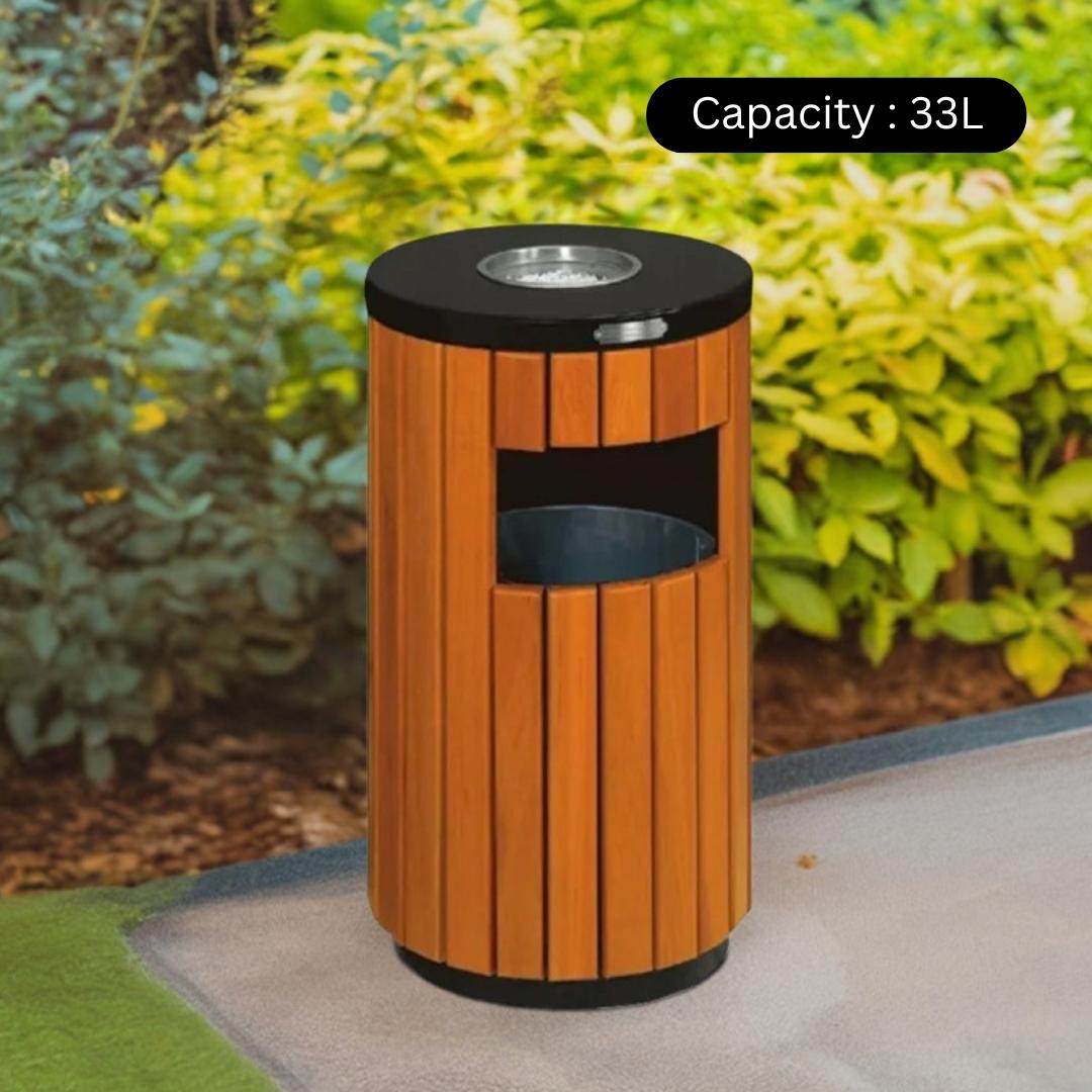 Wooden trash bin with black lid in a garden setting, capacity 33L