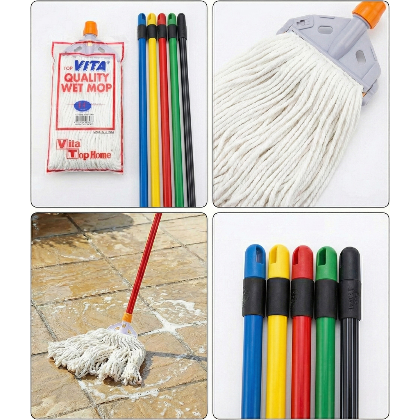 Vita Cotton Wet Mop 260 Gms (White) With Mop Holder & Metal Handle - Vita - Made in Taiwan