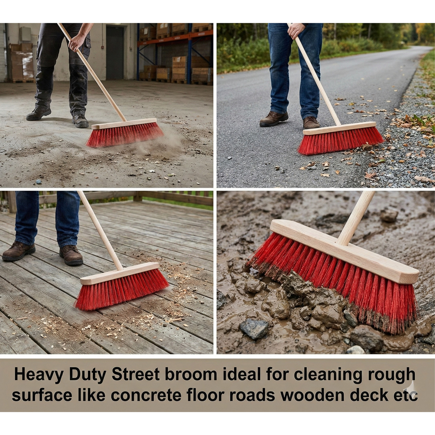Street Broom 24" (Red) With Wooden Handle - Hygiene System - Made in KSA