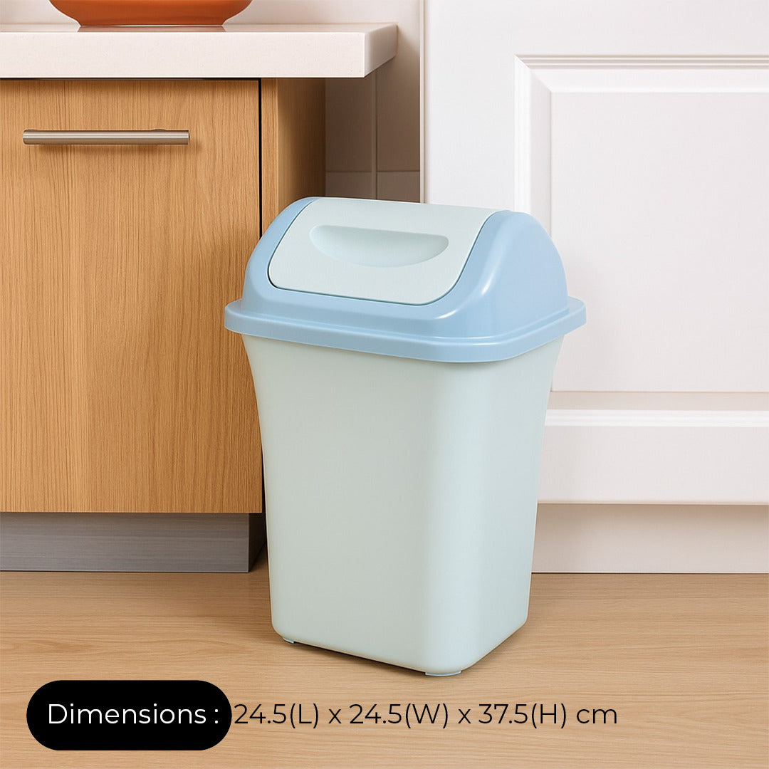 Light blue trash bin in a kitchen setting with dimensions displayed.