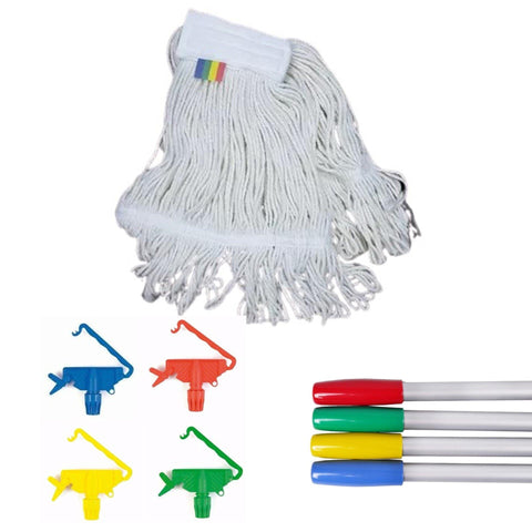 Cotton Kentucky Mop Looped End With Band 350Gms (White) With Mop Holder & Aluminium Handle - Cisne - Made in Spain-CISNE-201225 + CISNE-480400 + CJ23-145-Daitona General Trading LLC