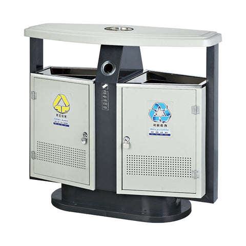 Outdoor 2 Compartment Iron Recycle Bin (44LT) With Ashtray - Hygiene System - Made in China-HS-213-44LT IRON BIN-Daitona General Trading LLC