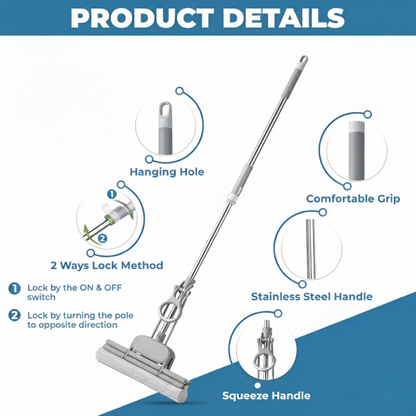Sponge Absorber Mop With Squeezing Technology & Adjustable Handle (Green & Grey) - Hygiene System - Made in Taiwan