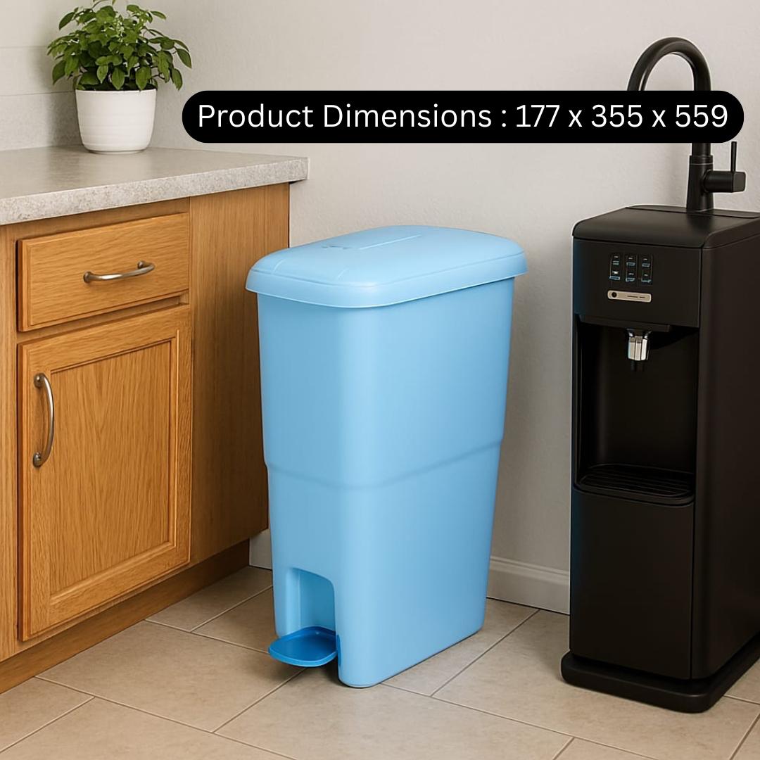 Blue trash bin in a kitchen setting with product dimensions displayed.