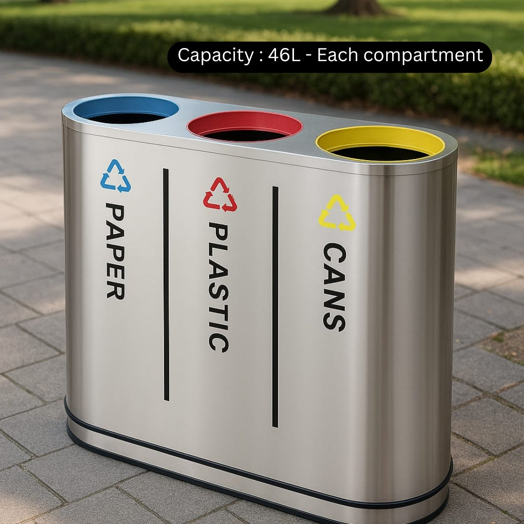3 Compartment Recycle Bin Stainless Steel Coated - Hygiene System - Made in China