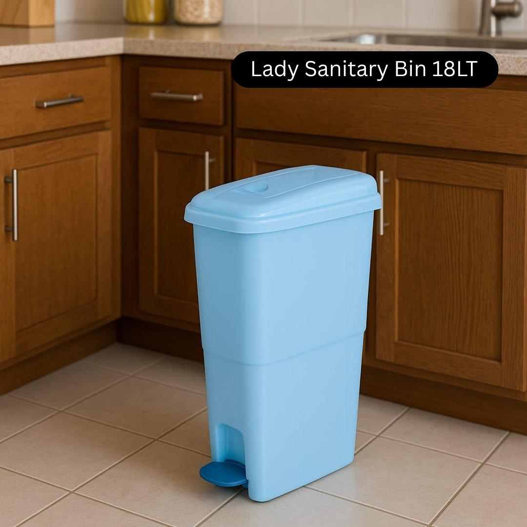Blue sanitary bin labeled 'Lady Sanitary Bin 18LT' in a kitchen setting