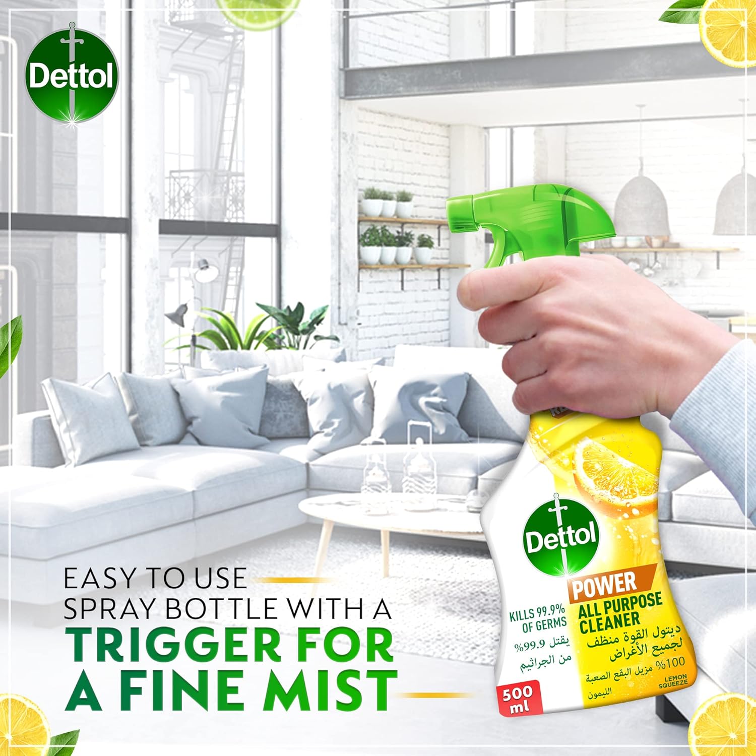 Dettol All Purpose Cleaner Spray Bottle, Lemon Scent, 500 ml-Daitona General Trading LLC