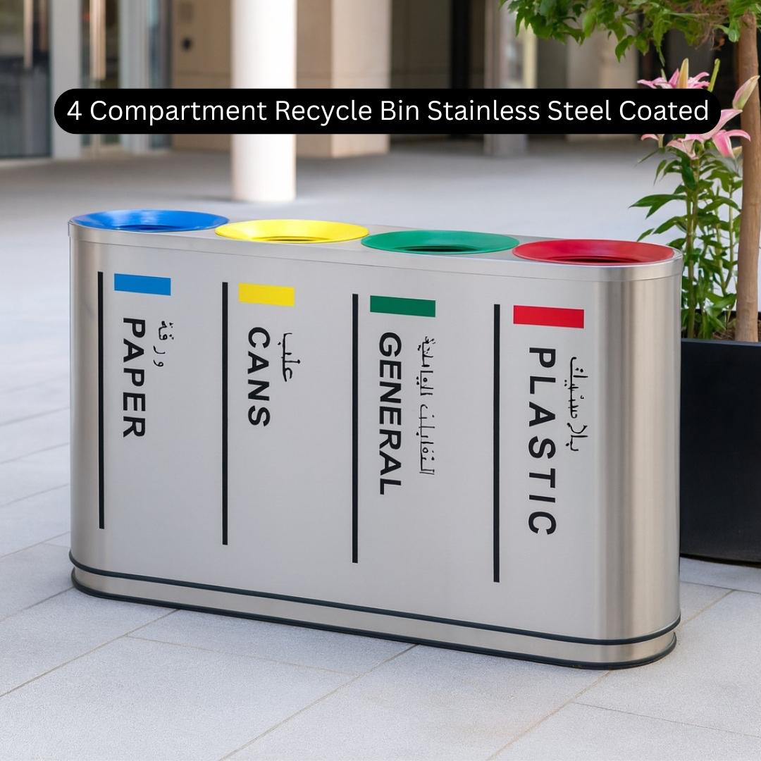4-compartment recycling bin with color-coded lids on a tiled floor.