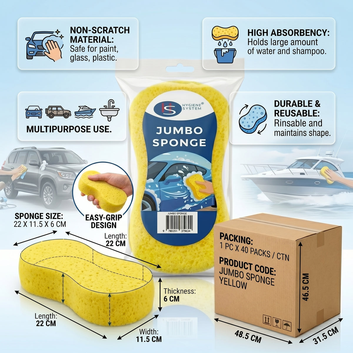 Hygiene System Jumbo Car Sponge Yellow - Made in China
