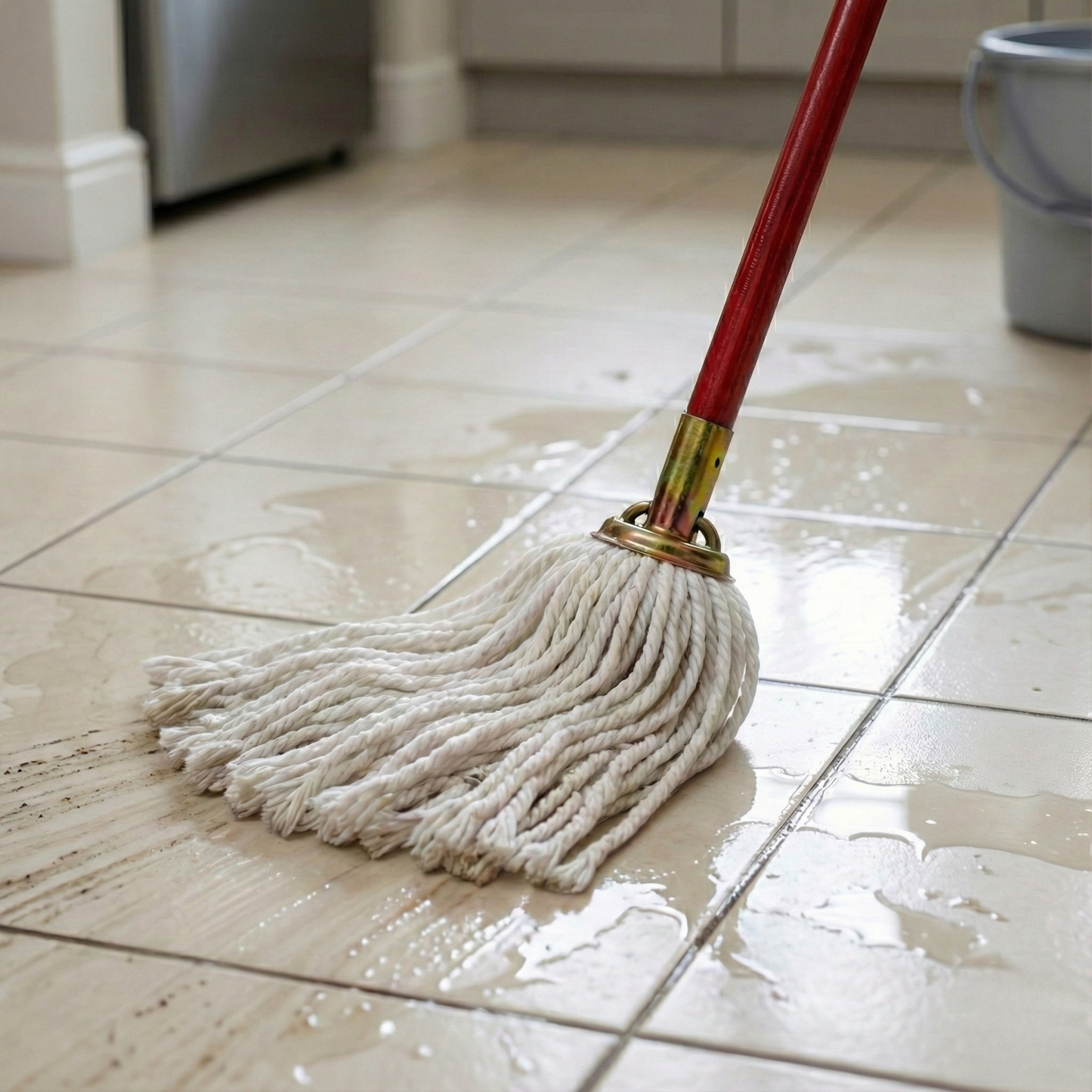 Cotton Wet Socket Mop 200 Gms (White) With Metal Holder & Wooden Handle - Kach Sheng - Made in Taiwan