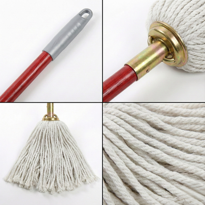 Cotton Wet Socket Mop 200 Gms (White) With Metal Holder & Wooden Handle - Kach Sheng - Made in Taiwan