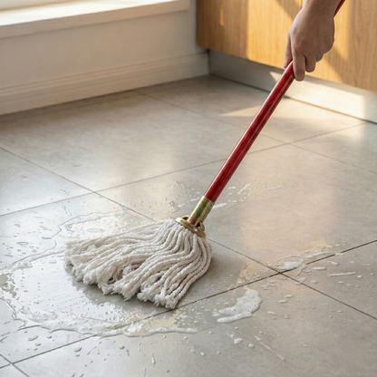 Cotton Wet Socket Mop 200 Gms (White) With Metal Holder & Wooden Handle - Kach Sheng - Made in Taiwan