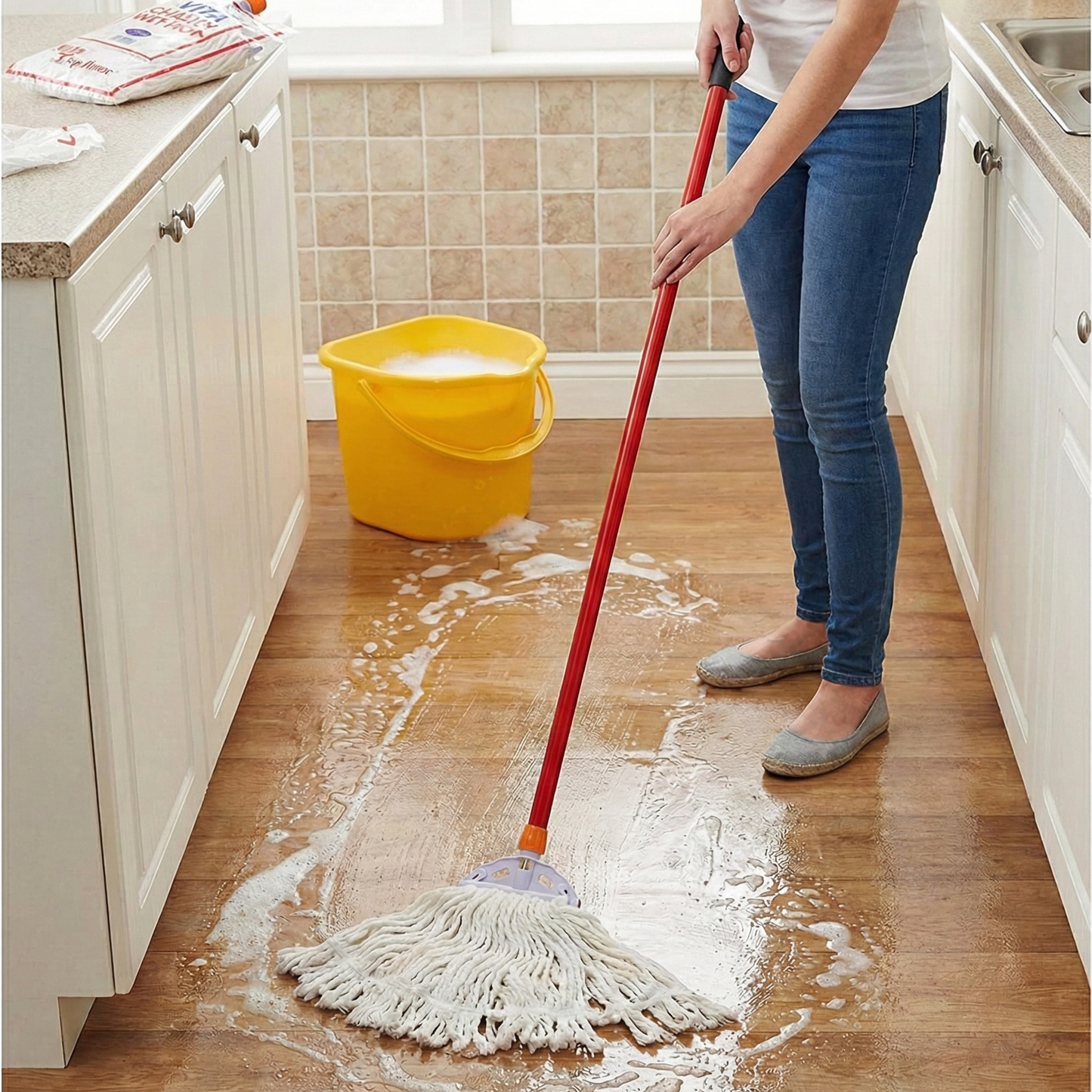 Vita Cotton Wet Mop 260 Gms (White) With Mop Holder & Metal Handle - Vita - Made in Taiwan