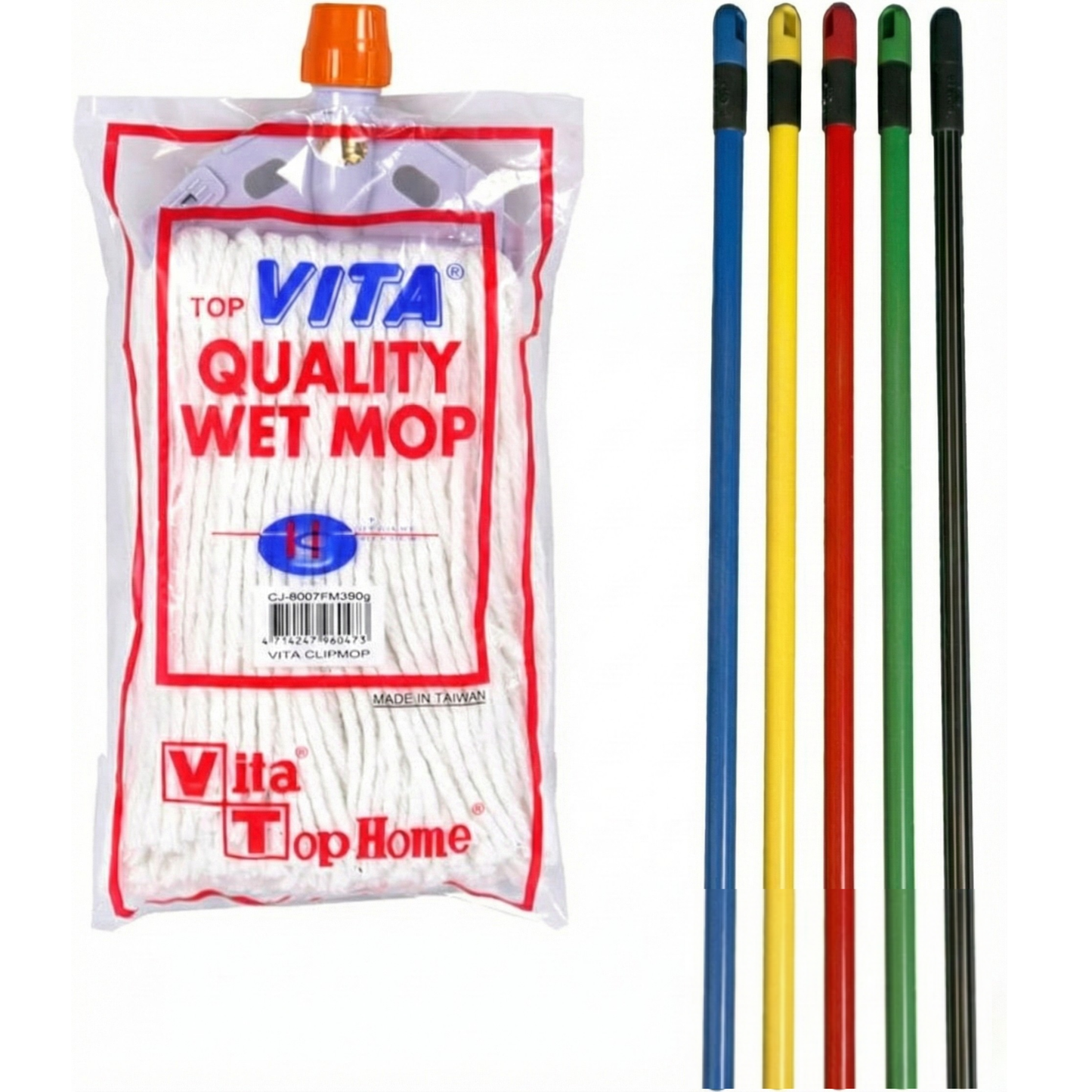 Vita Cotton Wet Mop 260 Gms (White) With Mop Holder & Metal Handle - Vita - Made in Taiwan