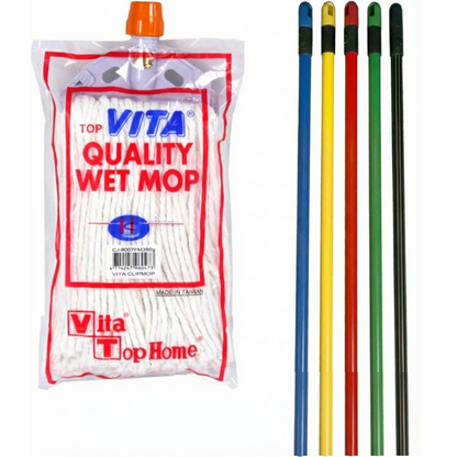 Vita Cotton Wet Mop 260 Gms (White) With Mop Holder & Metal Handle - Vita - Made in Taiwan