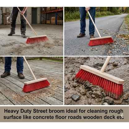 Street Broom 24" (Red) With Wooden Handle - Hygiene System - Made in KSA