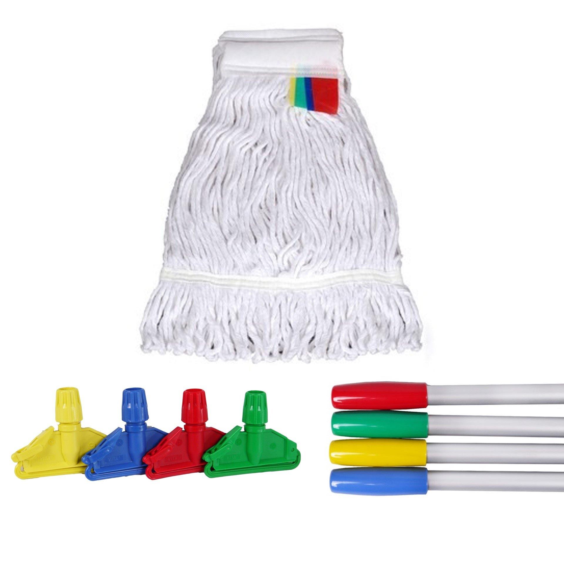 Kentucky Wet Mop Cotton Loop End 400 Gms White (Band - Blue & Red) With Plastic Holder & Aluminium Handle - Hygiene System - Made in Pakistan-Daitona General Trading LLC