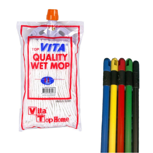 Vita Cotton Wet Mop 260 Gms (White) With Mop Holder & Metal Handle - Vita - Made in Taiwan-Daitona General Trading LLC