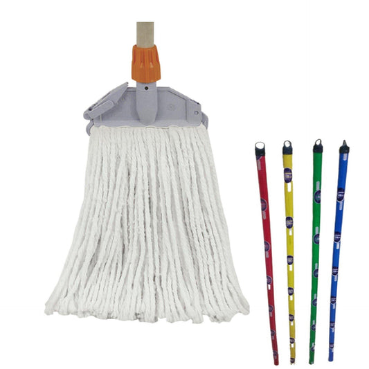 Cotton Wet Mop 350 Gms (White) With Plastic Holder & Wooden Handle - Kach Sheng - Made in Taiwan-Daitona General Trading LLC